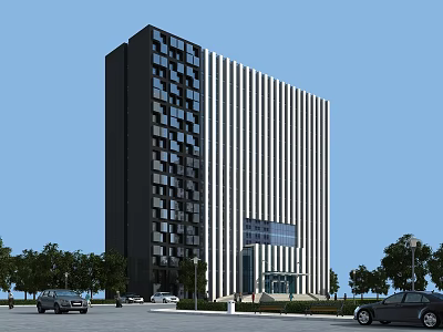 Tall Modern Office Building With Black And White Striped Facade Surrounded By Trees And Cars 3d model