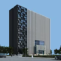 Tall Modern Office Building With Black And White Striped Facade Surrounded By Trees And Cars