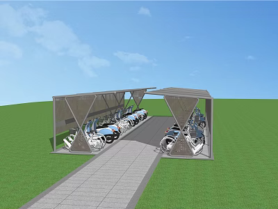 Covered Parking Canopy Structure With Parked Cars Grass Surroundings And Paved Pathway 3d model