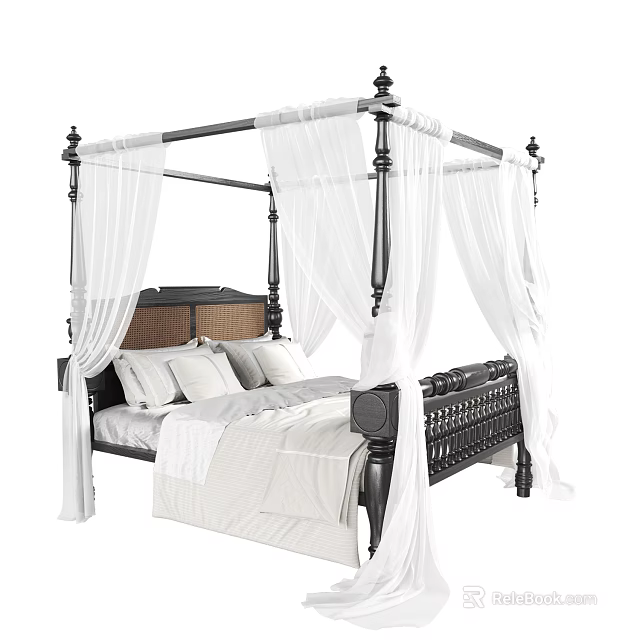 Double bed with black frame white canopy drapes brown headboard and white sheets 3d model 