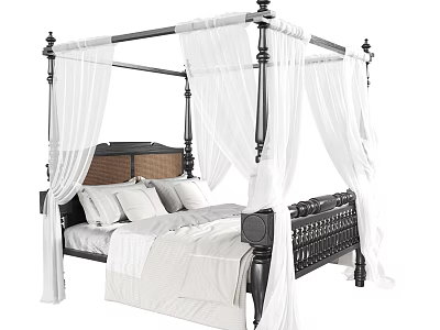 Double bed with black frame white canopy drapes brown headboard and white sheets 3d model