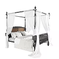 Double bed with black frame white canopy drapes brown headboard and white sheets 3d model