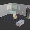 Colorful Cartoon Bathroom Scene With White Walls Blue Tiles Windows Bathtub And Shower