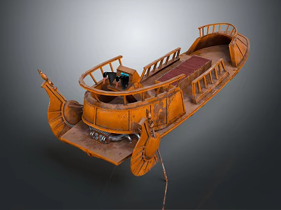 Vintage Wooden Boat With Curved Railing Red Seats And Rustic Metal Details 3d model