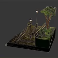 Cartoon Scene Featuring Staircase With Street Lamps Tree And Green Grass Lawn