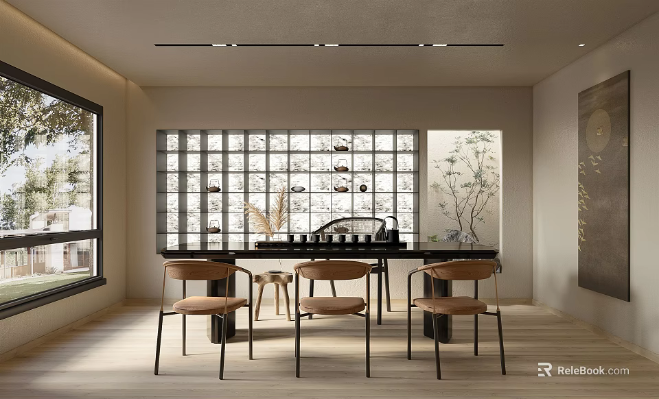 Traditional Tea Room Interior With Wooden Tea Table Chairs And Decorative Screen 3d model 