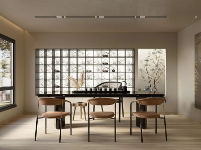 Traditional Tea Room Interior With Wooden Tea Table Chairs And Decorative Screen 3d model