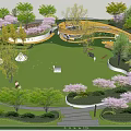 Scenic Park Landscape With Green Lawn Curved Paths And Flowering Trees