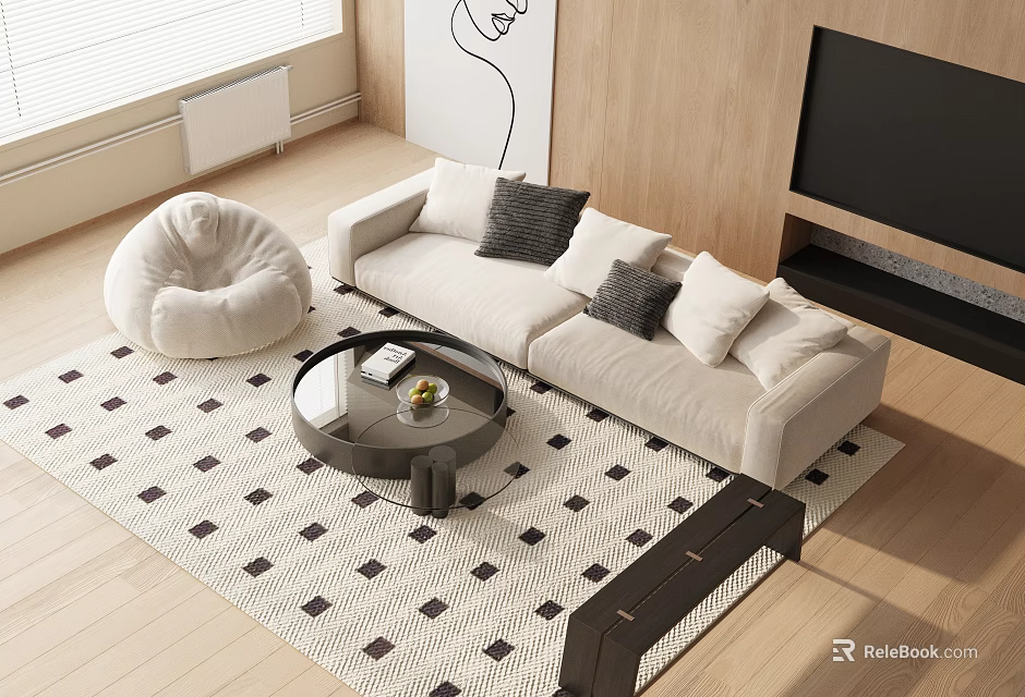 Modern Beige Sofa With Multiple Cushions And Round Glass Coffee Table On Diamond Patterned Rug 3d model