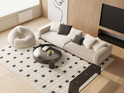 Modern Beige Sofa With Multiple Cushions And Round Glass Coffee Table On Diamond Patterned Rug 3d model