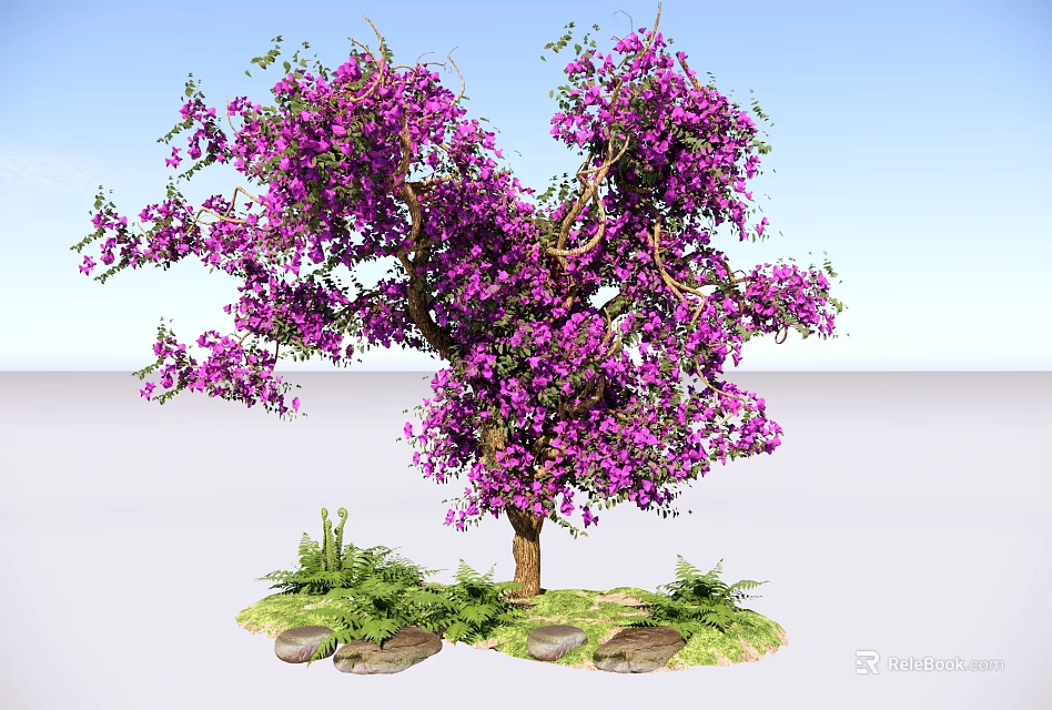 Vibrant Purple Flowering Shrub With Lush Green Leaves And Grass Around Trunk 3d model 