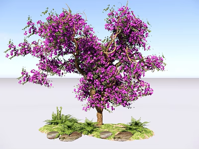 Vibrant Purple Flowering Shrub With Lush Green Leaves And Grass Around Trunk 3d model