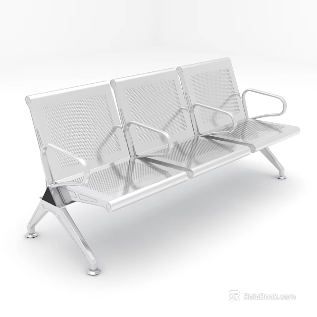 Modern Metal Public Bench With Three Seats And Armrests For Public Spaces 3d model 
