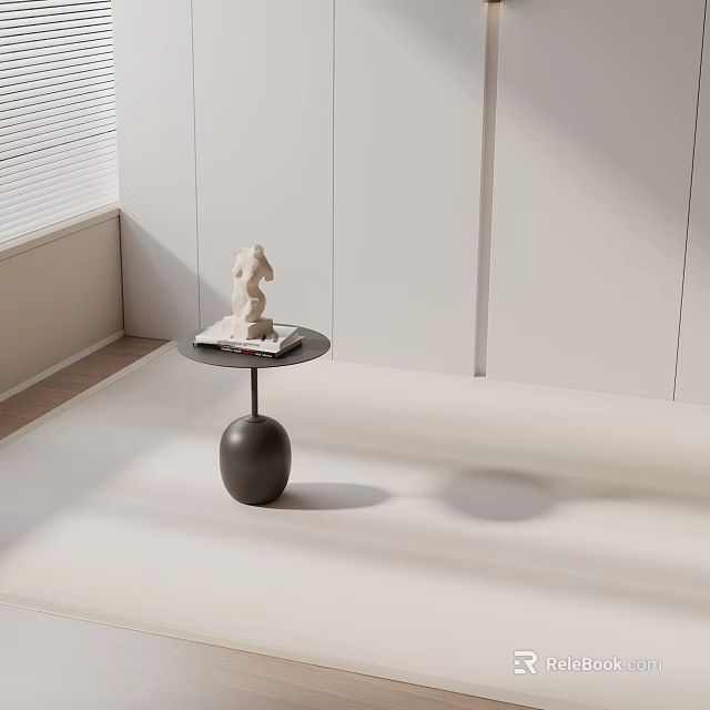 Modern Minimalist Side Table Featuring Round Top Black Base And Sculpture On Books 3d model 