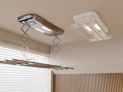 Indoor Black And White Ceiling Mounted Drying Racks With Lights Near Window 3d model