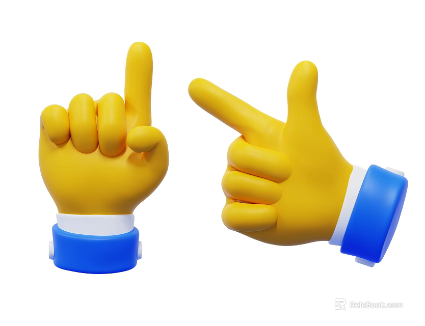 Two Yellow Cartoon Hand Organs With Different Pointing Gestures And Blue White Wrist Decorations 3d model 