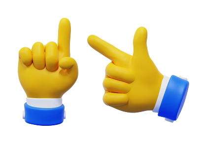 Two Yellow Cartoon Hand Organs With Different Pointing Gestures And Blue White Wrist Decorations 3d model
