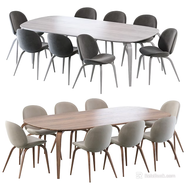 Modern Wooden Table And Chair Sets With Oval Rectangular Tops And Dark Light Gray Chairs 3d model 