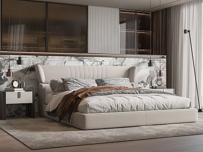 Beige Upholstered Double Bed With Marble Headboard And Modern Nightstand Lamp In Elegant Bedroom Interior 3d model