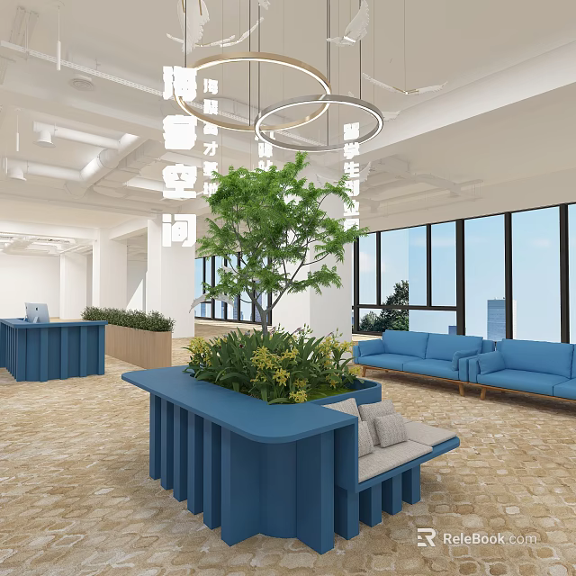 Modern Reception Area With Blue Front Desk Green Plants Blue Sofas And Large Windows 3d model 