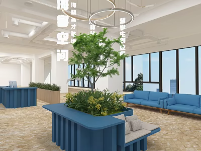Modern Reception Area With Blue Front Desk Green Plants Blue Sofas And Large Windows 3d model