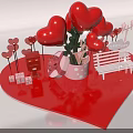 Romantic Valentine's Day Scene with Red Heart Shaped Balloons Mailbox Gift Boxes and Bench