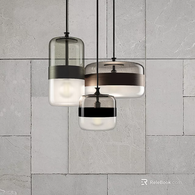 Modern Glass Pendant Lights With Different Designs And Metal Accents Hanging On Gray Wall 3d model 