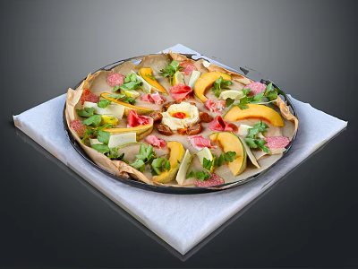 Delicious Fruit And Vegetable Pizza With Colorful Toppings On A Black Plate 3d model