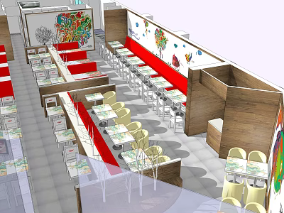 Vibrant Restaurant Interior With Red Banquettes Wooden Walls And Decorative Paintings 3d model