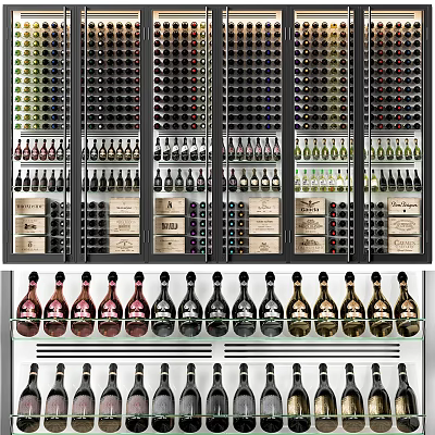Modern Wine Cabinet Display With Neatly Arranged Various Wine Bottles And Glass Shelves 3d model