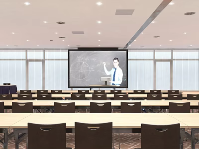 School Modern Classroom With Large Projection Screen And Arranged Student Desks 3d model