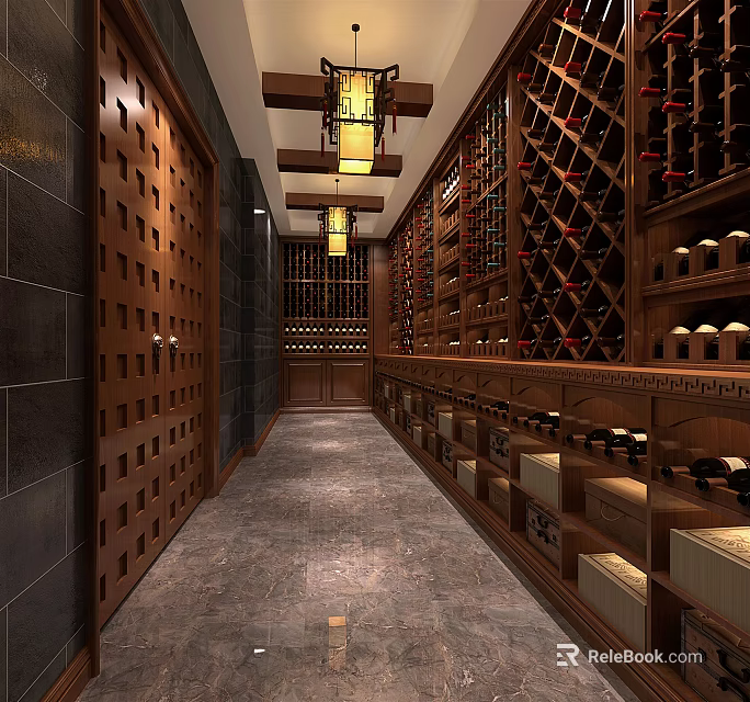 Elegant Wine Cellar Corridor With Wooden Racks Arranged Bottles And Warm Lighting 3d model 