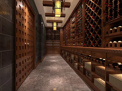 Elegant Wine Cellar Corridor With Wooden Racks Arranged Bottles And Warm Lighting 3d model