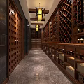 Elegant Wine Cellar Corridor With Wooden Racks Arranged Bottles And Warm Lighting