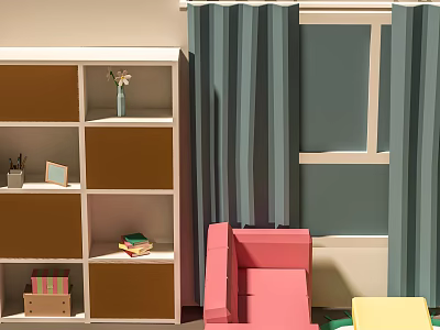 Playful Cartoon Scene With Colorful Bookshelf Vase Photo Frame Books And Chairs 3d model