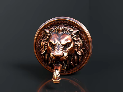 Copper Lion Head Sculpture With Intricate Carving And Ornate Circular Design 3d model