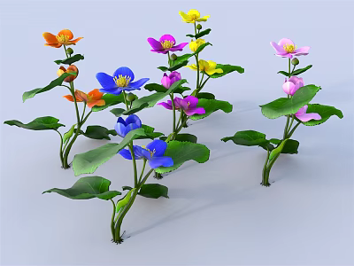 Colorful Plants With Orange Yellow Purple Pink Blue Flowers And Green Leaves 3d model