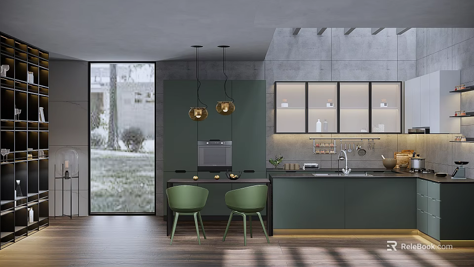 Modern Kitchen Interior With Green Cabinets Counter Hanging Golden Lights Large Window And Wooden Floor 3d model 