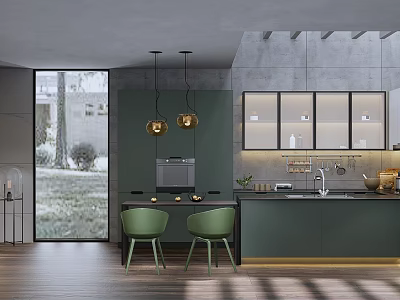 Modern Kitchen Interior With Green Cabinets Counter Hanging Golden Lights Large Window And Wooden Floor 3d model
