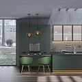 Modern Kitchen Interior With Green Cabinets Counter Hanging Golden Lights Large Window And Wooden Floor