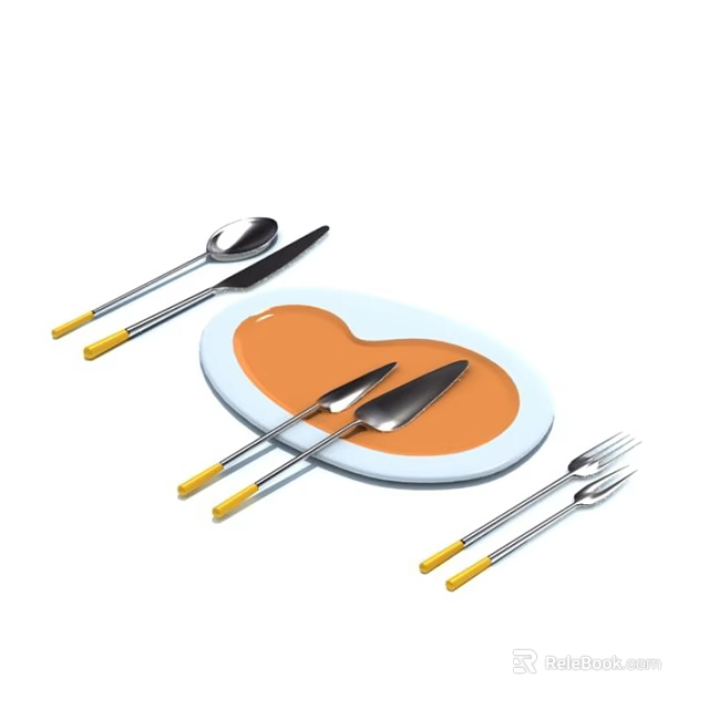 Modern Tableware Set With White Plate Knife Fork Spoon And Yellow Handles 3d model