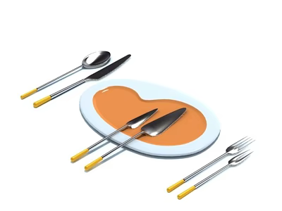 Modern Tableware Set With White Plate Knife Fork Spoon And Yellow Handles 3d model