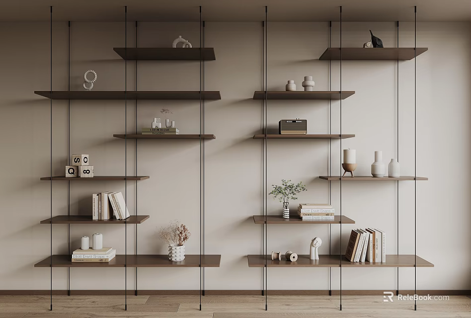Modern Wooden Shelving Unit With Multiple Layers Displaying Decorative Books Vases And Home Decor Items 3d model 