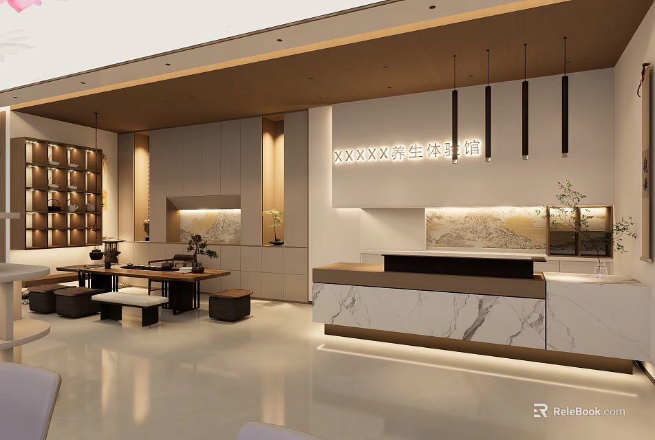 Elegant Modern Mall Counter Health Experience Hall Interior With Marble Reception Desk And Tea Area 3d model 