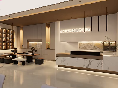 Elegant Modern Mall Counter Health Experience Hall Interior With Marble Reception Desk And Tea Area 3d model