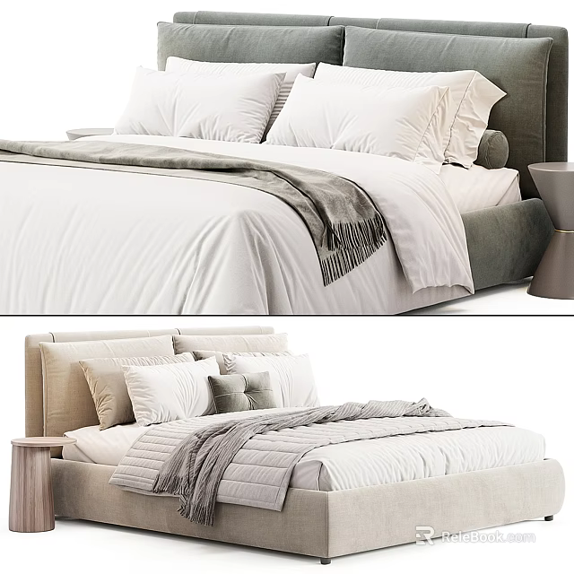 Modern Double Bed Interior With Soft Bedding Multiple Pillows And Upholstered Headboard 3d model 
