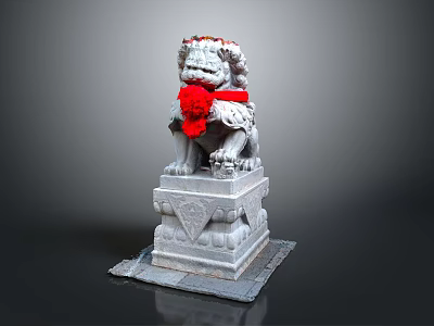 Traditional Stone Lion Statue Adorned With Red Ribbon On Intricate Carved Pedestal 3d model