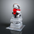 Traditional Stone Lion Statue Adorned With Red Ribbon On Intricate Carved Pedestal
