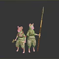 Two Mouse Like Characters In Red Straps Standing Together With Spear And Small Tool