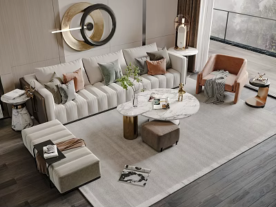 Modern Upholstered Sofa and Coffee Table Set With Throw Pillows Accent Chair and Area Rug 3d model